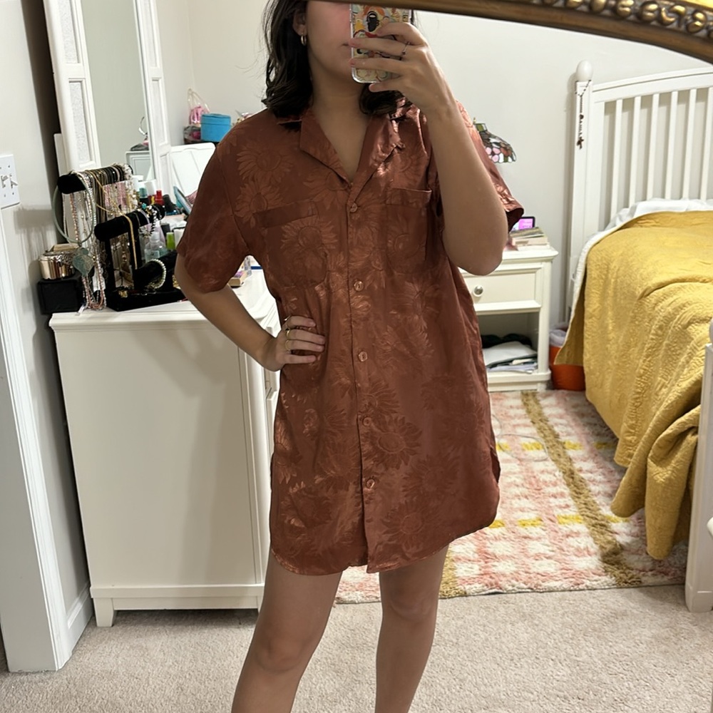 Victoria’s Secret Pajama Dress S Short Sleeve Satin Sunflower Floral Button